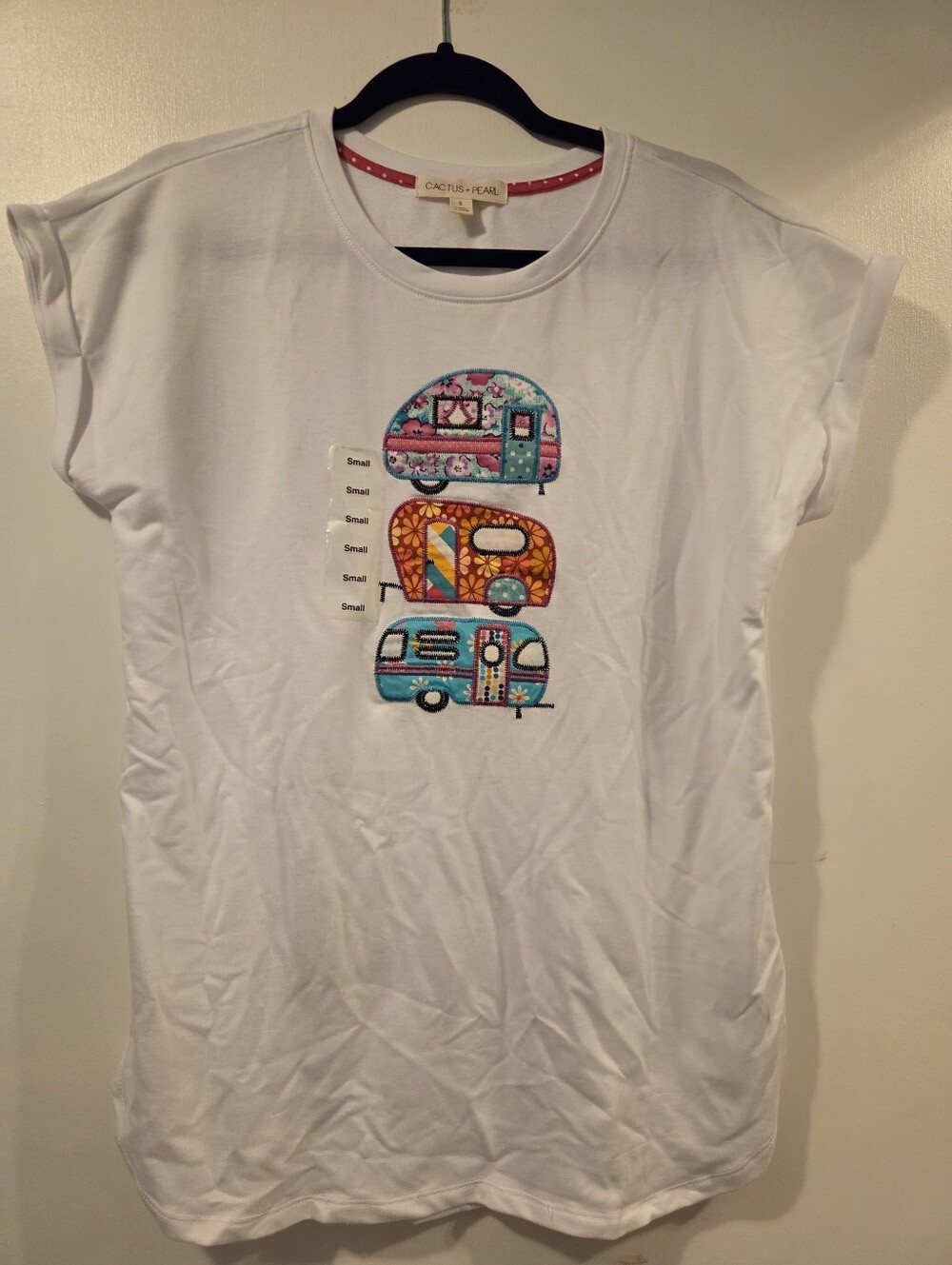 Cactus + Pearl T Shirt Womens Small White Floral Campers Embroidered